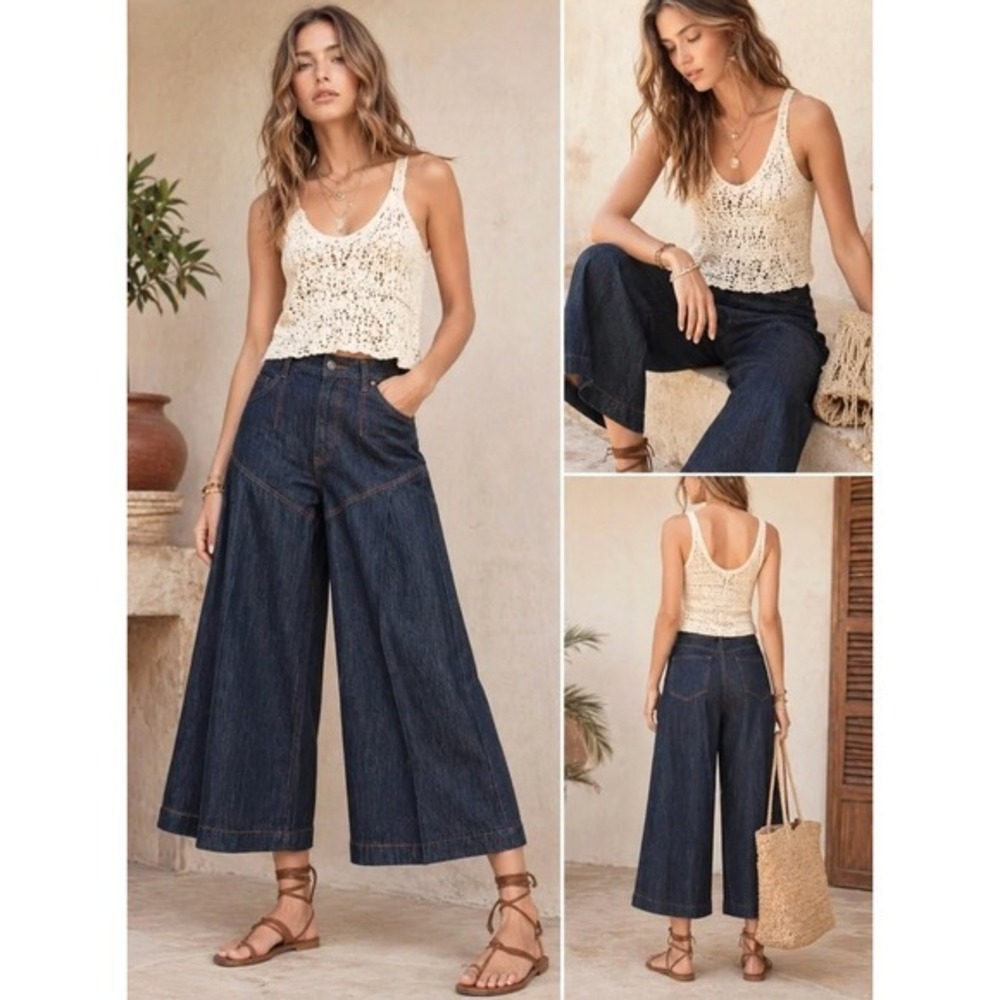 Anthropologie Pilcro Womens Seamed Flounce High Rise Wide Leg Jeans Size 28 Blue